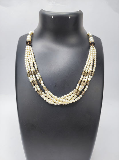 Pearls with Smokey Quartz (Five Layered) Necklace