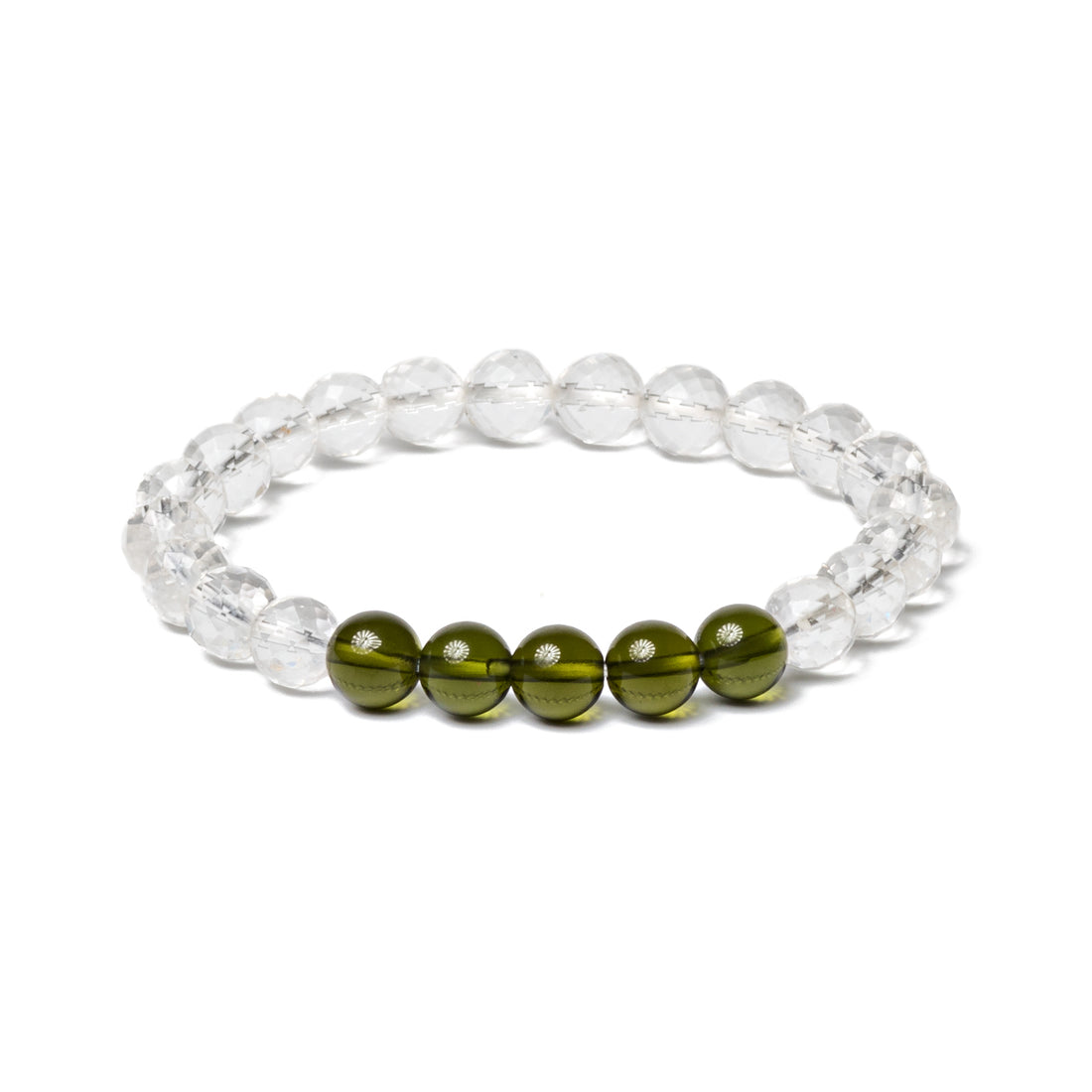Phenakite and Moldavite Round Beads Bracelet